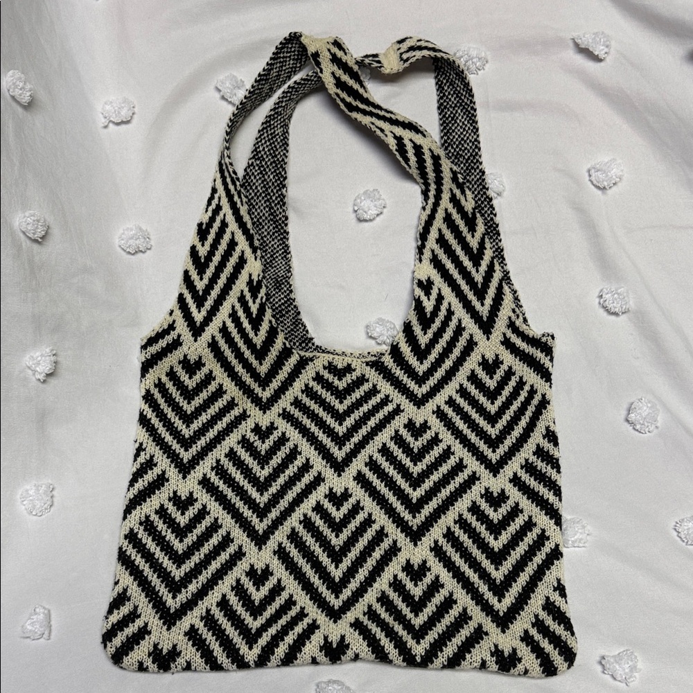 Boho black and white chevron knitted medium size tote or purse